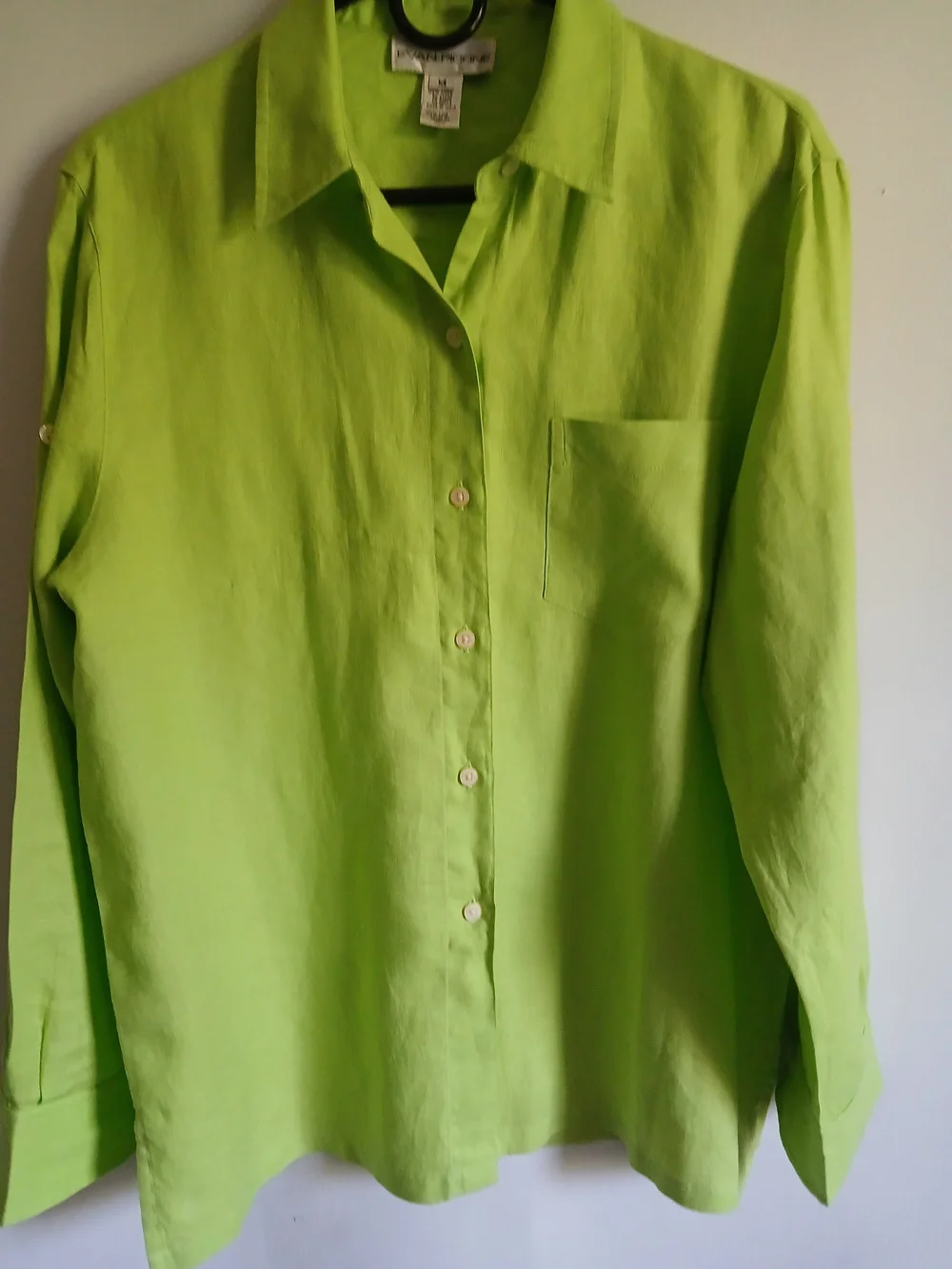 EVAN-PICONE Women's Lime Green Blousr 100% Linen SzM Roll Tab Sleeve